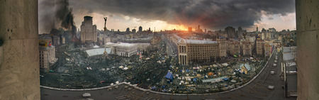 Kiev, Ukraine - February 20, 2014: Panoramic view from the roof of the House of Trade Unions previously burnt when police loyal to Yanukovych, backed with the Maidan and protesters began to restore orderのeditorial素材