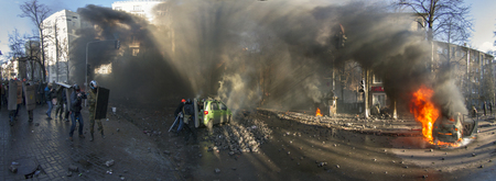 Kiev, Ukraine - February 18, 2014: Protesters march went peacefully to the street Institutskaya...