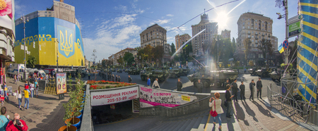 Kyiv, Ukraine-August 24, 2014: On the main street of the capital held a parade of the Armed Forces and the National Guard during the aggression of the Russian Federation, the parade of military equipment, holiday orchestraのeditorial素材