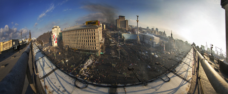 Kiev, Ukraine - February 20, 2014: Panoramic view from the roof of the House of Trade Unions...