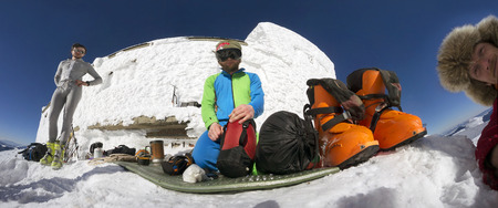 Ukraine, Verkhovyna, February 13, 2015: extreme journey to the top of the mountain to  observatory...