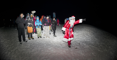 Ukraine, Vorokhta, January 1, 2017: At the highest peak of Ukraine Goverla stands on New Year camp climbers romantic Ukrainian country. Extreme buried in snow storms withstand bad weatherのeditorial素材