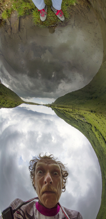 The photographer took a creative original circular spherical panorama on a background of a mountain...