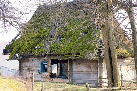 Abandoned rural house in the mountain village of Transcarpathian Ukraine in early spring the owners are no longer mountains and nature ruthlessly destroys human habitationの写真素材