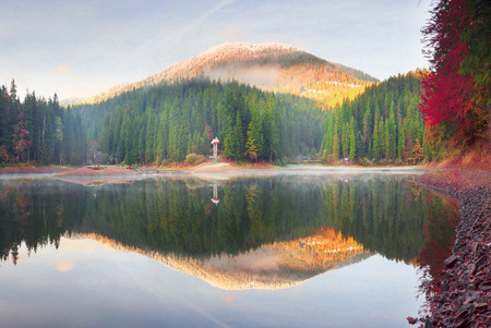Autumn forest colorful over the water surface of a mountain lake, the largest in the Carpathian...