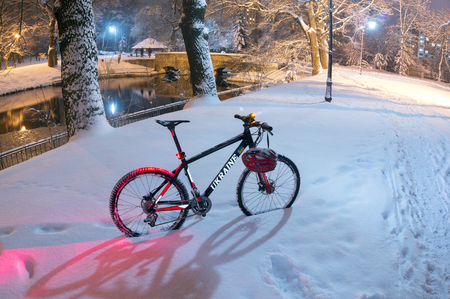 Powerful snow storm cyclone swept Europe Photo Carbon mountain bike and helmet skiing on fresh clean snow in the city park on a background of old trees and lanterns glowing shine
の写真素材
