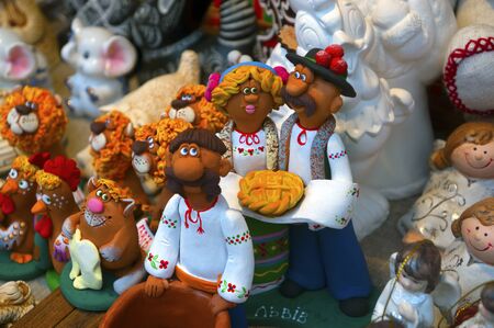 Christmas Christmas set of good children's cheerful optimism of beautiful handmade toys in Lvov offers tourists and travelers the guests of the city citizens on the Market Squareの写真素材