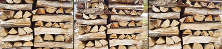 Warehouse a stack of cut chopped sawn natural firewood in a mountain resort A good ecological and...