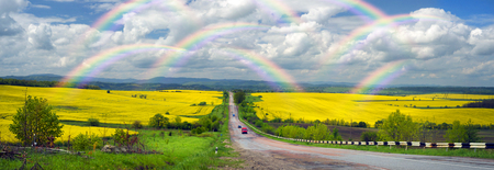 A gentle morning in the rapeseed fields, Ukraine. Symbolic colors are yellow-blue like the flag of the country, golden and heavenly. The old Soviet highway to the mountains of the Carpathiansの写真素材