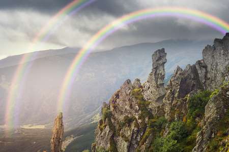 In the protected natural boundary of Chernogor, the Ukrainian Carpathians there are sharp huge rocks Spitz from the glacial age are ancient, this is a well-known tourist attractionの写真素材