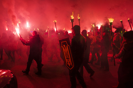 Ukraine, Ivano-Frankivsk, January 29, 2018: National Patriotic Forces of Ukraine torch procession in commemoration of the 100th anniversary of the feat 300 gymnasts under Kruty
のeditorial素材