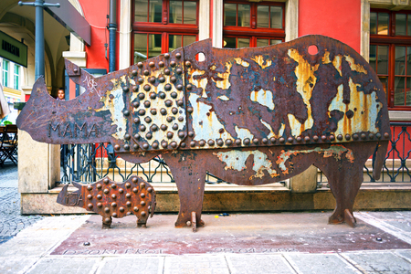 Poland, Wroclaw, October 30, 2017: Sculptures rhinoceros on the Market Square became a symbol of Wroclaw and one of the famous landmarks of the city in Poland.のeditorial素材