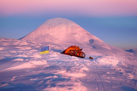 extreme unique winter ascent of the rider to the highest peak of Ukraine in Eastern Europe in a ...