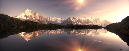 Mont Blanc Chamonix France autumn - night and the starry sky. Clear cold lake Lac Blanc beautiful...