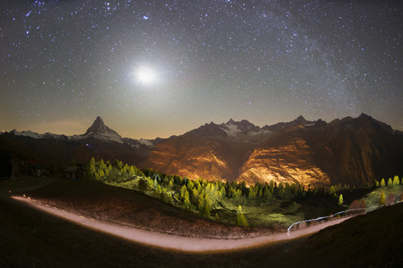 The fall slopes of the resort of Zarmatt are a local landmark and a bright beautiful landscape with...
