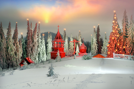 At the top of the mountain in the Carpathians, Ukraine is a wooden old Christian monastery. Christmas fabulous picture as a fantasy artist, night shootingの写真素材