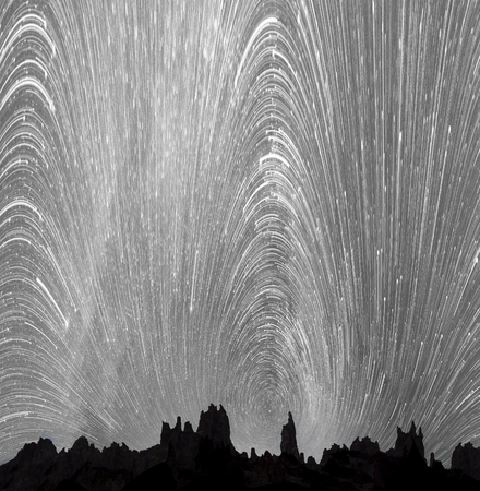 manipulation of luminosity when shooting allowed to clearly identify the movement of stars in the night sky in the Alps, Switzerland. A particularly long panorama shows the whole sky at once.の写真素材
