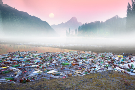 The collage demonstrates the contrast of the beauty and grandeur of wildlife and the civilized industrial activity of modern man. Modern trash persists for a long time.のeditorial素材