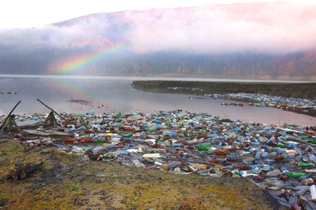 Huge plastic debris in the Carpathians in the ecological zone of trouble symbolizes human life in...