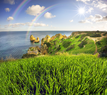 Famous beaches, cliffs and the sea in Lagos, Portugal attract many tourists and vacationers in the summer, and almost deserted in the winter, even though it is warm thereの写真素材