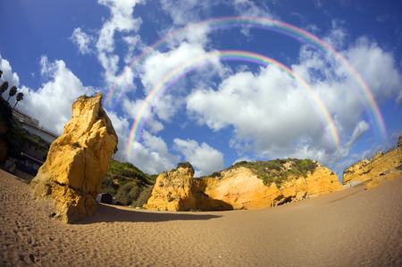 Famous beaches, cliffs and the sea in Lagos, Portugal attract many tourists and vacationers in the summer, and almost deserted in the winter, even though it is warm thereの写真素材
