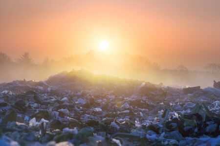 beautiful foggy dawn of the Sun over a huge field of urban garbage, saturated with poisonous fumes of decomposition of organic waste and household chemicalsの写真素材