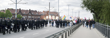 Poland, Gdansk, May 25, 2019: a march of equality and tolerance under the slogan "without hatred" in the working-class districts of the port city of the European Union guarded by police by many policemenのeditorial素材