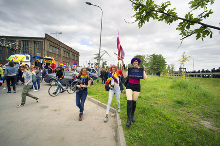 Poland, Gdansk, May 25, 2019: Demonstration of the march of equality and tolerance under the slogan "without hatred" in the working quarters of the port city of the European Union guarded by the policeのeditorial素材