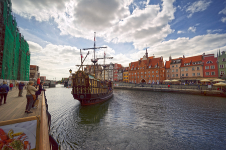Poland, Gdansk, May 25, 2019: Gdansk in Poland and its Embankment - a famous place loved by tourists from all over Europe with ancient Polish and German architectureのeditorial素材