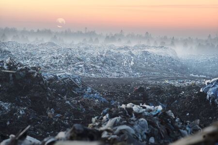 City trash of household waste and garbage trucks pour city waste onto a huge landfill far from the city in the forest.の写真素材