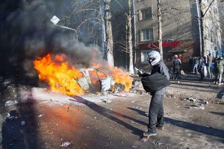 Ukraine, Kiev, February 18, 2014: On the Institutskaya street, the fight of EuroMaidan...