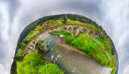 Aerial photo 360 Â° panorama by drone of the city of Vorokhta in Ukraine, Carpathians,...