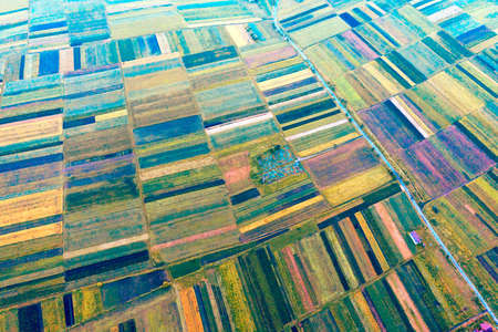 Eastern Europe, Ukraine, striped farm fields near the ancient city of Galich next to the large Dniester river, captured from a bird's eye view of a drone quadcopter.の写真素材