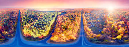 Mountain roads near Yaremche in the Carpathians, Ukraine, autumn beech and coniferous forest, beautiful mountain landscape. Aerial view drone copterの写真素材