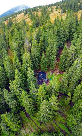 Under Mount Negrova in Ukraine, near Syvul, in the forest, there is a house of shepherds who graze sheep and cows and horses in summer. Aerial view drone copterの写真素材
