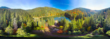The famous Synevyr lake, a tourist attraction, in the Carpathians, Ukraine, autumn beech and...