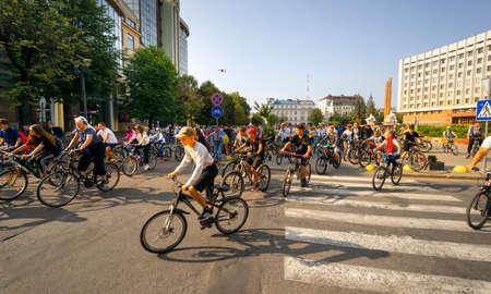 Ukraine, Ivano-Frankivsk - August 22, 2021: Annual famous bike ride before the Independence Day. The city is called cycling because it is a popular ecological recreational transport.のeditorial素材