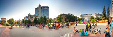 Ukraine, Ivano-Frankivsk - August 22, 2021: Annual famous bike ride before the Independence Day. The city is called cycling because it is a popular ecological recreational transport. Panorama of the central streetのeditorial素材
