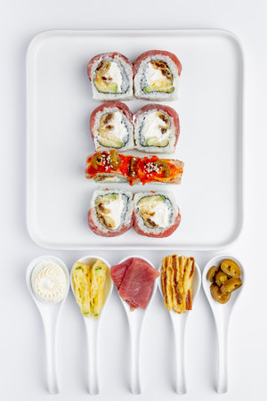 Sushi set on white background, top view. Sushi menuの写真素材