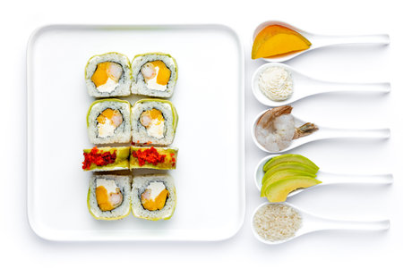 Sushi set on a white background. Sushi menu. Japanese food.の写真素材