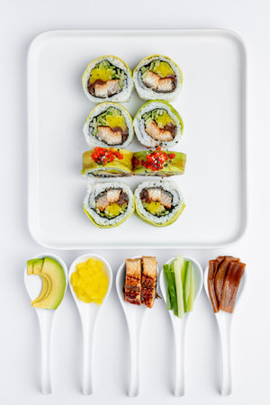 Sushi set on white background, top view. Japanese food restaurant menuの写真素材