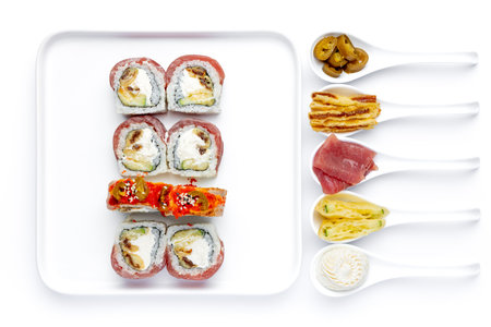 Sushi set on a white background. Sushi set on a white backgroundの写真素材