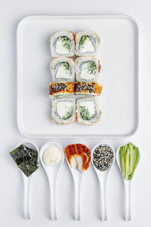 sushi set on a white background, top view, flat layの写真素材