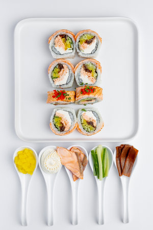 Sushi Set on white background, top view, flat lay.の写真素材