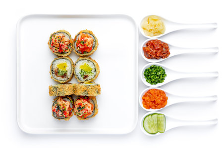 Sushi Set - Different Sushi Rolls on White Background. Top Viewの写真素材