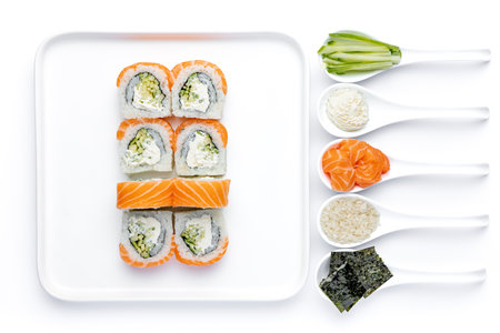 Japanese food restaurant delivery, sushi maki gunkan roll set on white backgroundの写真素材
