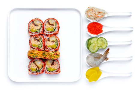 Sushi set on a white background. Sushi rolls with fish and vegetables. Top view.の写真素材
