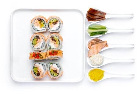Sushi set on a white background. Isolated. Top view.の写真素材