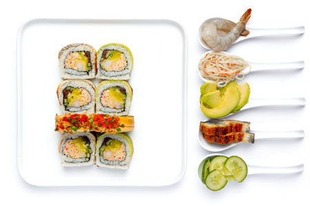 Sushi set on a white plate, isolated on white background.の写真素材