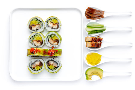 Sushi set on a white background. Isolated. Top view.の写真素材